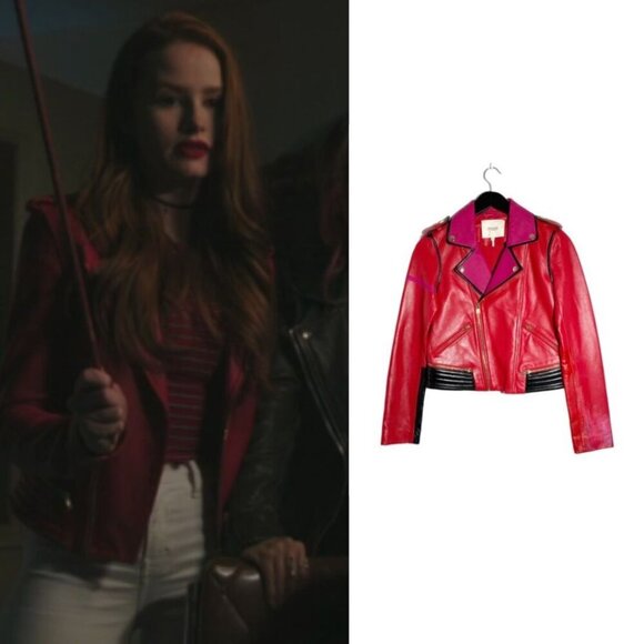 Maje Vibrant Red and Black Leather Jacket. Real prop jacket from RIVERDALE show - Picture 1 of 8